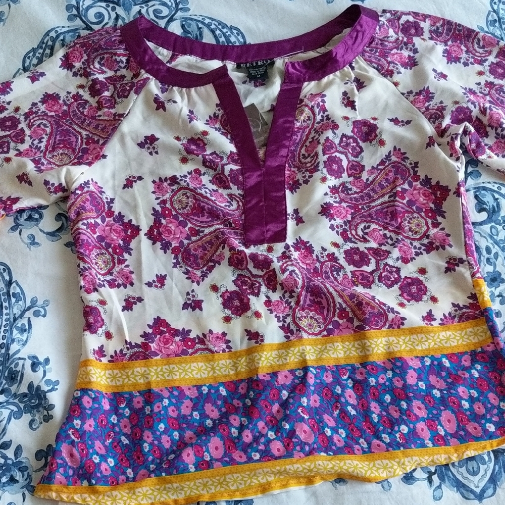 Vibrant Floral Blouse with Purple and Yellow Accents